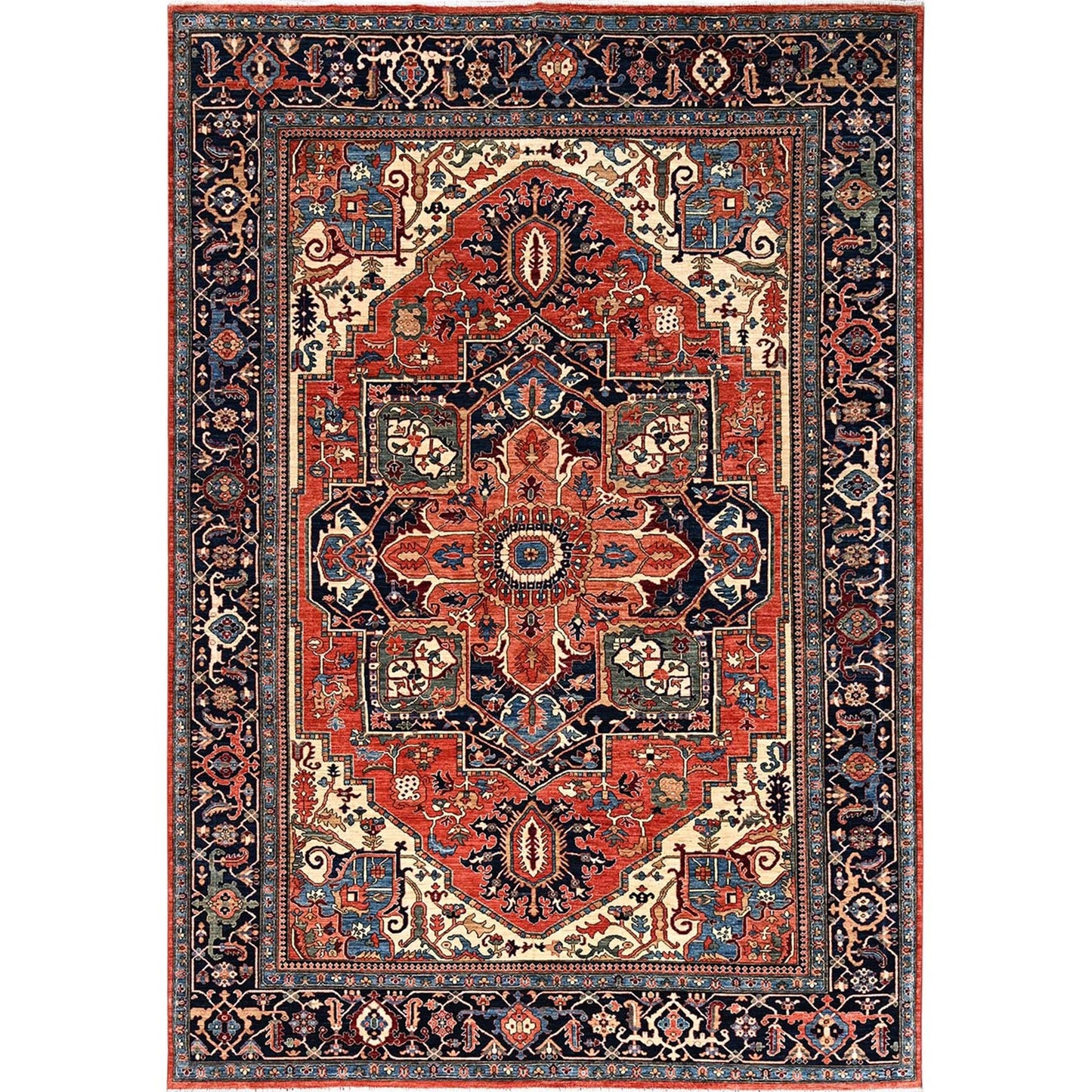 9'10"X14'3" Coral Red Seeripe Heris Design Hand Knotted Soft Wool Rug