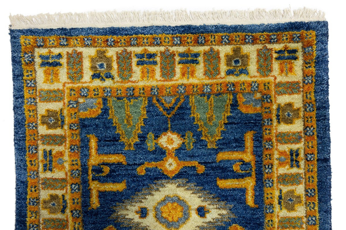 Vintage Style Blue Geometric Kazak Runner Rug