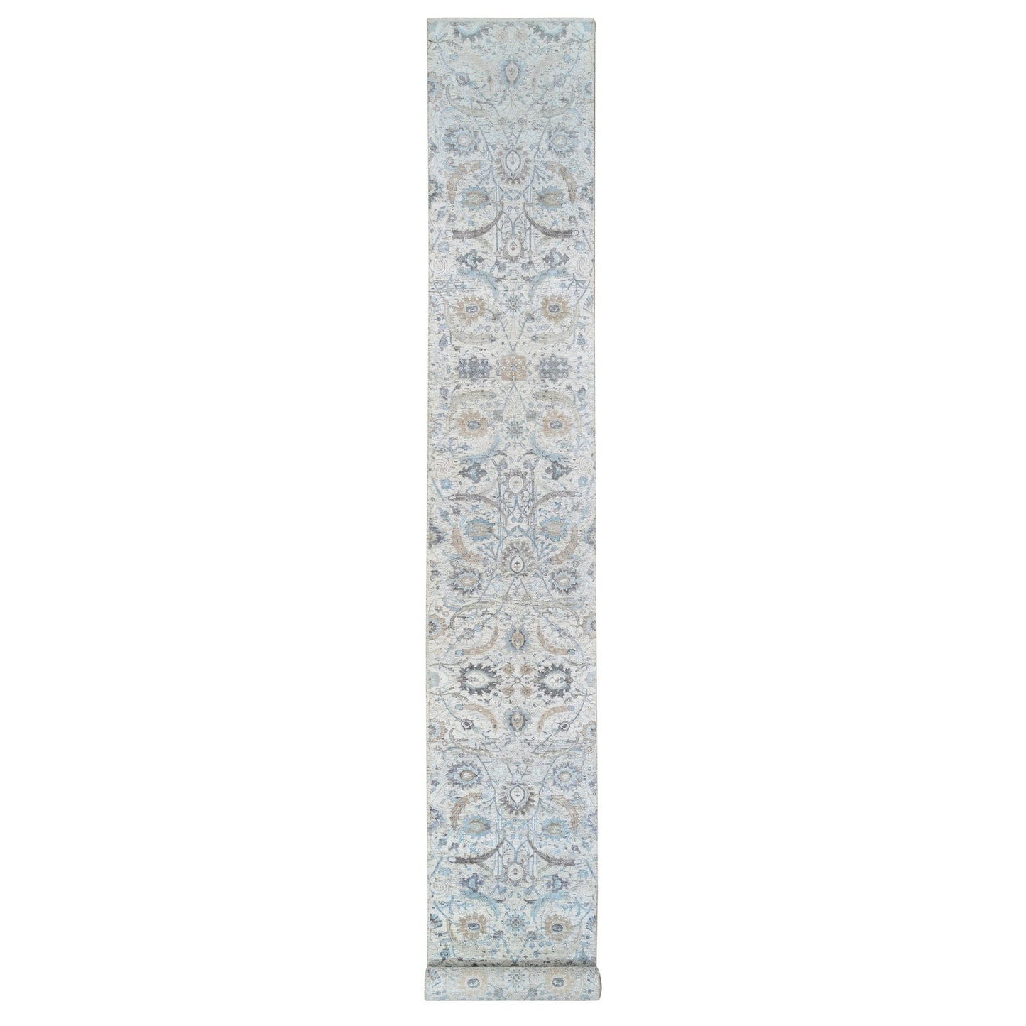2'6"X18'1" Ivory Silk/Wool Hand Knotted Sickle Leaf Design Xl Runner Rug