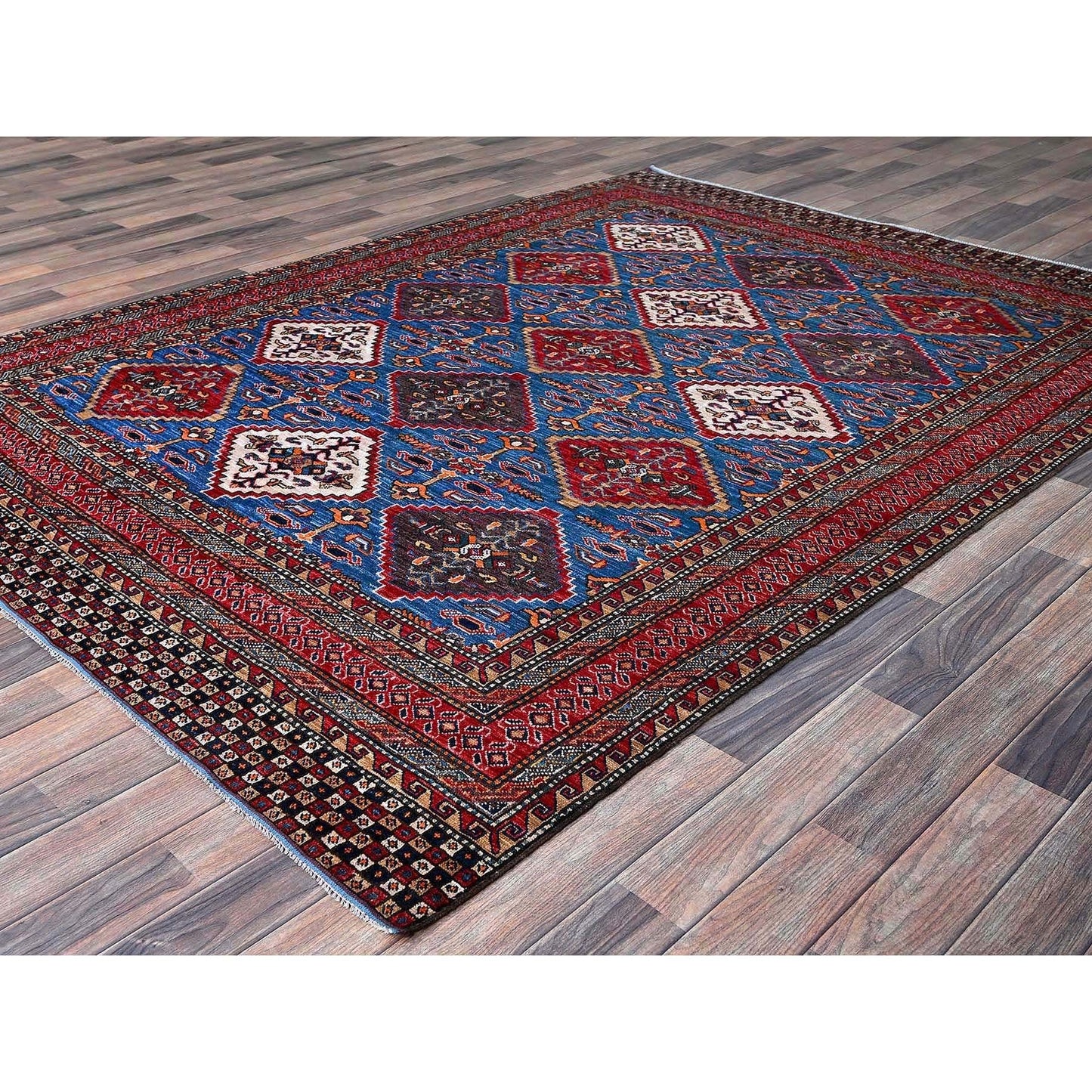 6'1"X8'6" Blue Afghan Ersari Caucasian Design Revival Hand Knotted Wool Rug