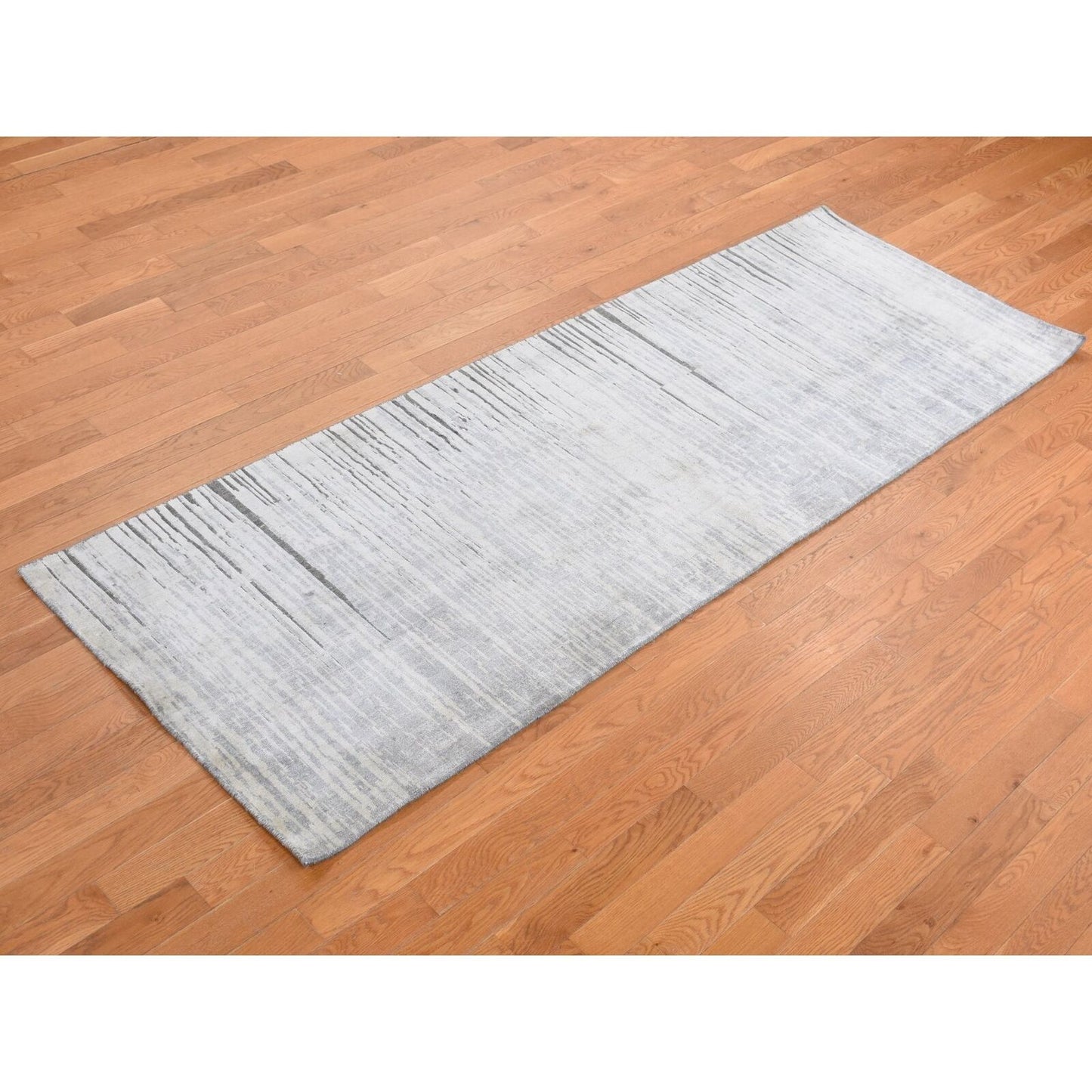 3'X9' Ash Gray Horizontal Ombre Design Pure Silk Hand Knotted Runner Rug