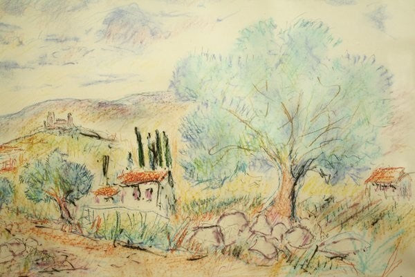 Jean Claude Picot Pastel Watercolor Ink On Paper 1988 Signed Landscape With Tree