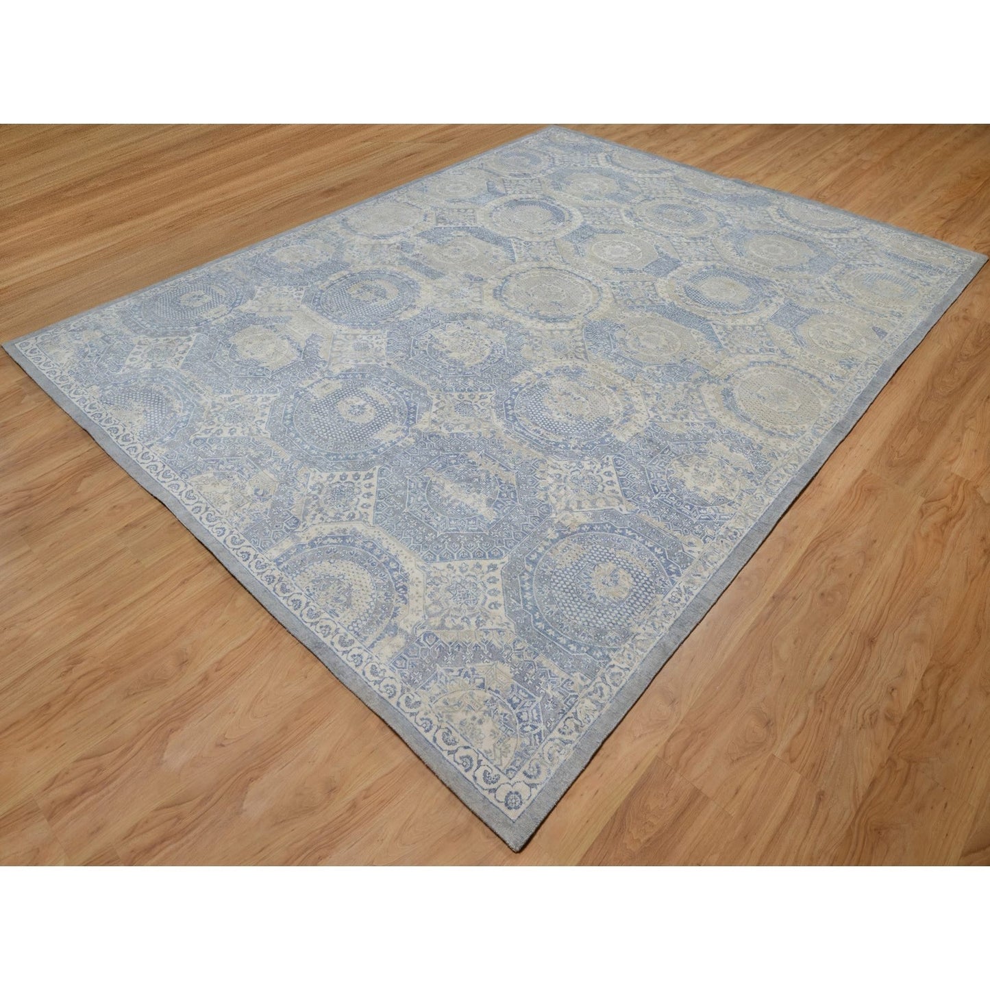 9'X11'9" Ivory-Blue Pure Natural Linen Mamluk Design Hand Knotted Rug