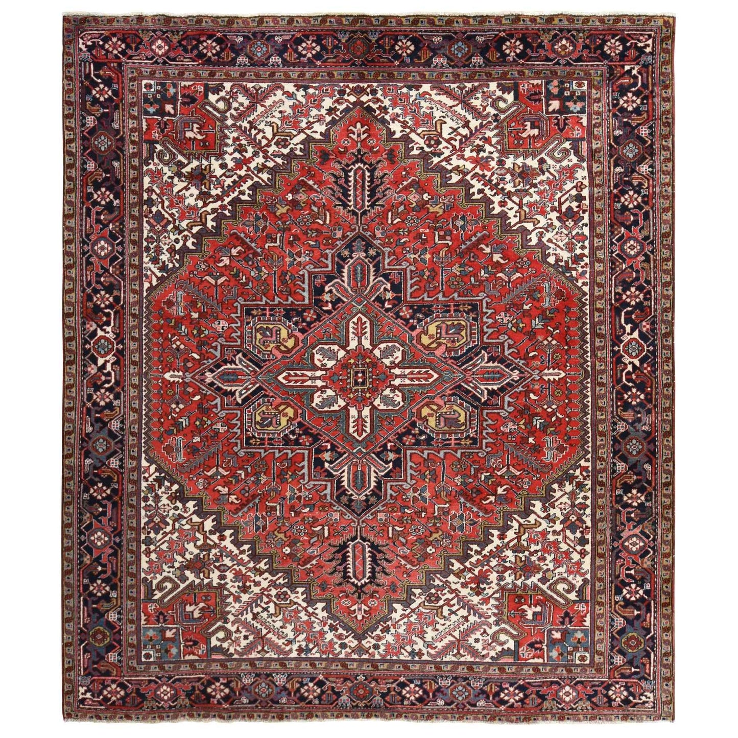 11'X13' Rose Red Zoroastrian Heris Clean Wool Hand Knotted Squarish Rug
