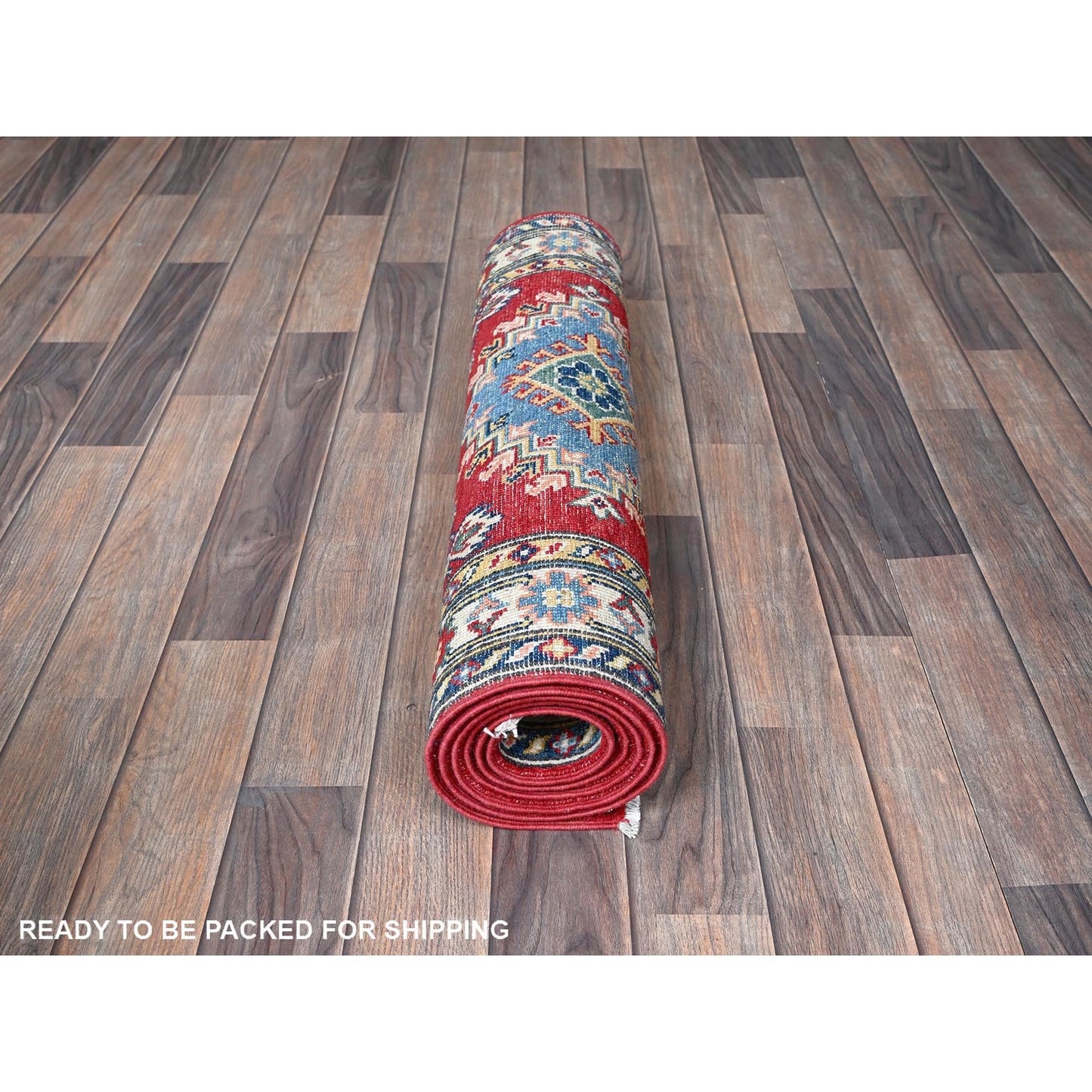 2'9"X6'8" Red Kazak With Medallions Design Hand Knotted All Wool Runner Rug