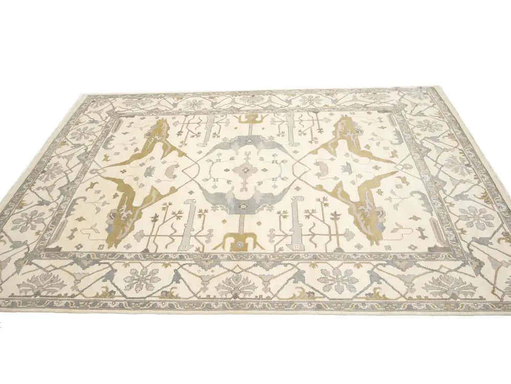 Hand-Knotted Oushak Oriental Rug Floral Dining
