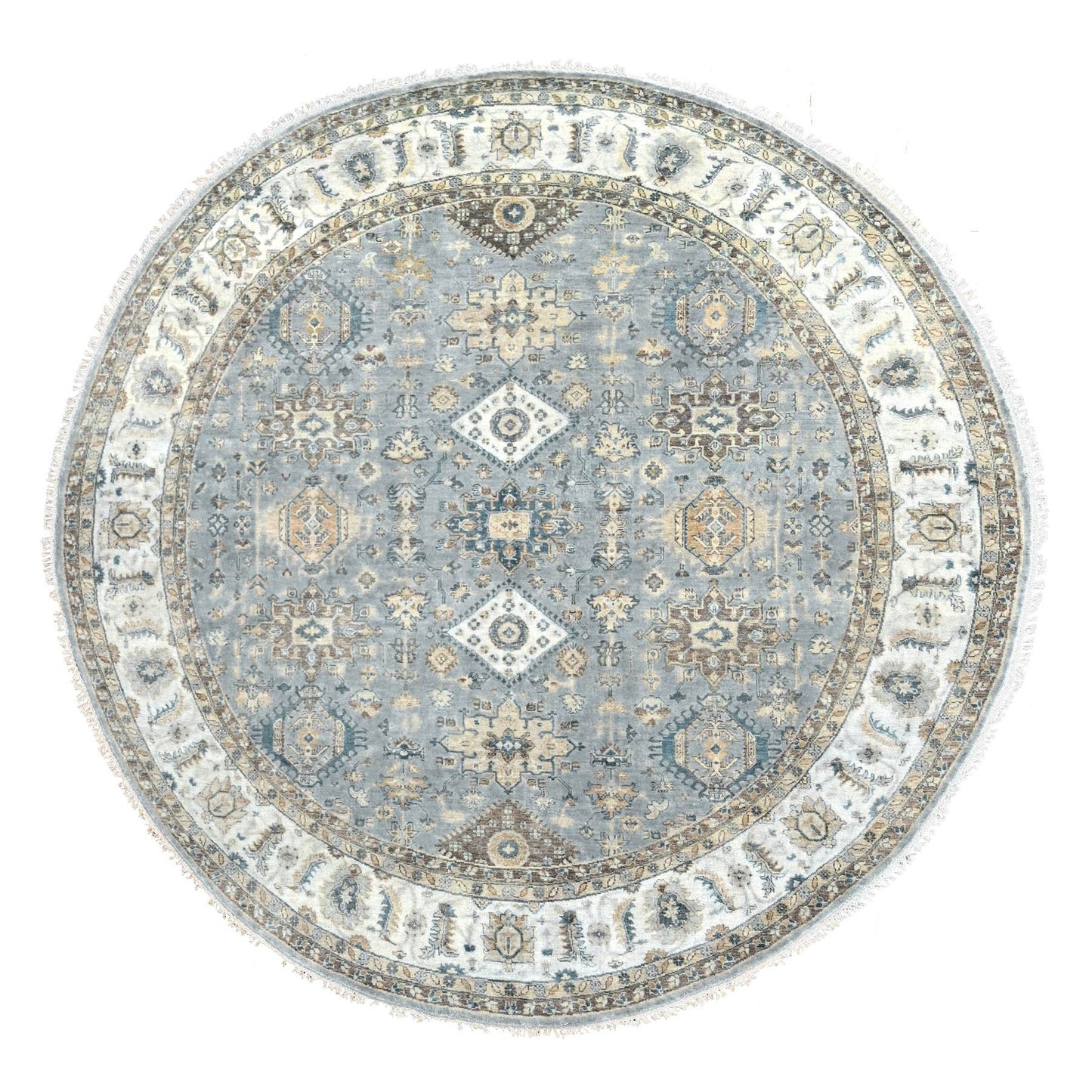9'X9' Blue Gray Hand Knotted Karajeh Design Wool Round Oriental Rug