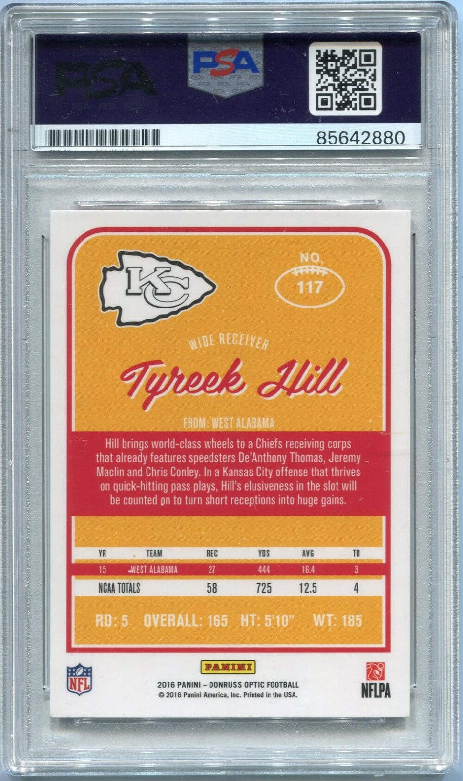 Tyreek Hill 2016 Panini Donruss Optic Autographed Rc Psa/Dna Certified