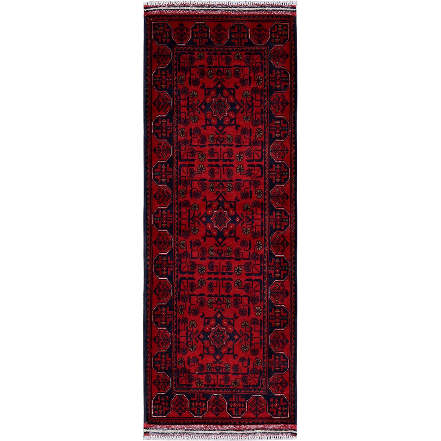 1'8"X4'9" Red Hand Knotted Afghan Khamyab Geometric Pattern Wool Runner Rug