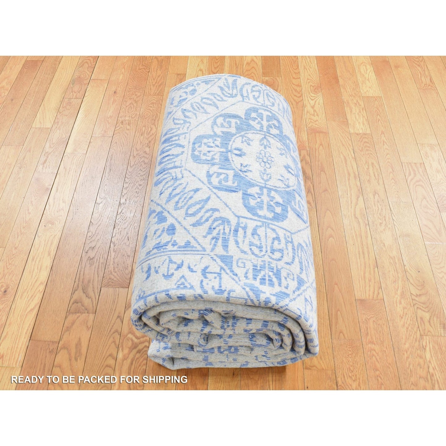 8'9"X12' Blue Hand Loomed Wool And Art Silk Mamluk Design Rug