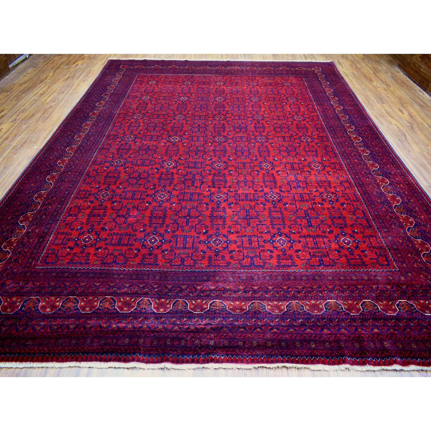10'X12'10" Red Hand Knotted Soft Wool Afghan Khamyab Geometric Design Rug
