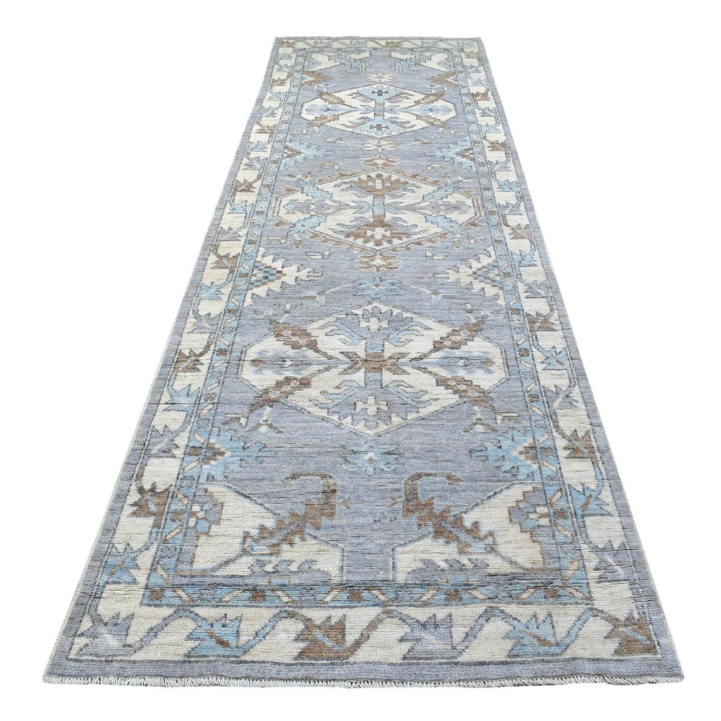 3'10"X12'1" Gray Anatolian Angora Oushak Hand Knotted Wool Runner Rug