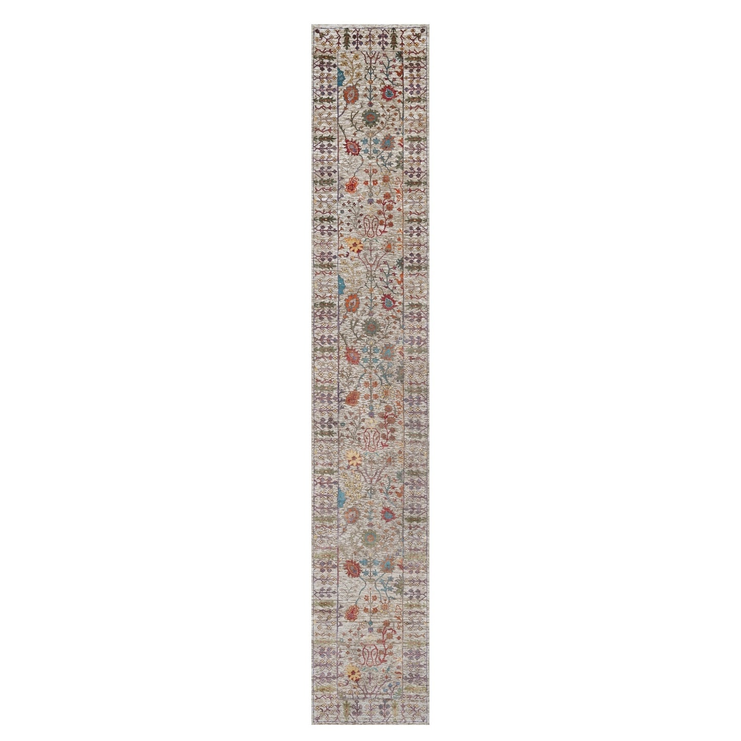 2'8"X16'2" White Vase Design Silk & Textured Wool Hand Knotted Runner Rug