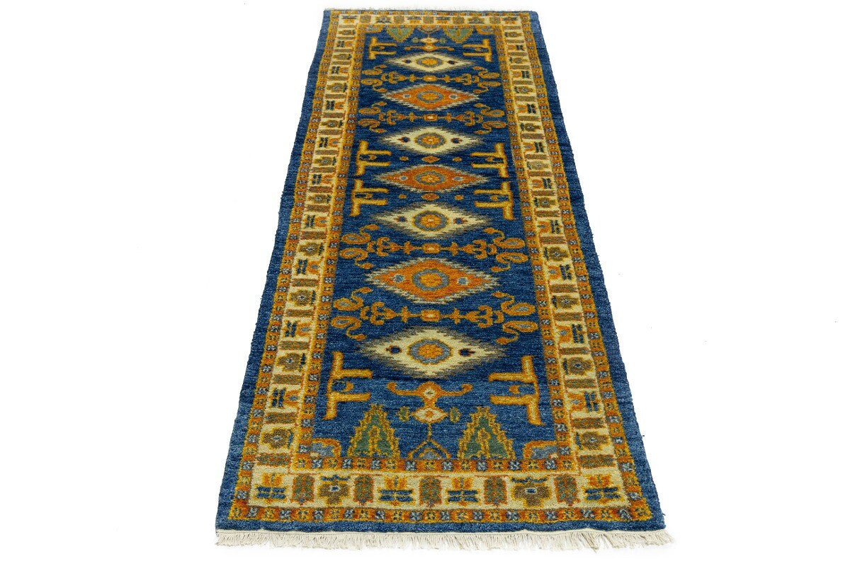 Vintage Style Blue Geometric Kazak Runner Rug