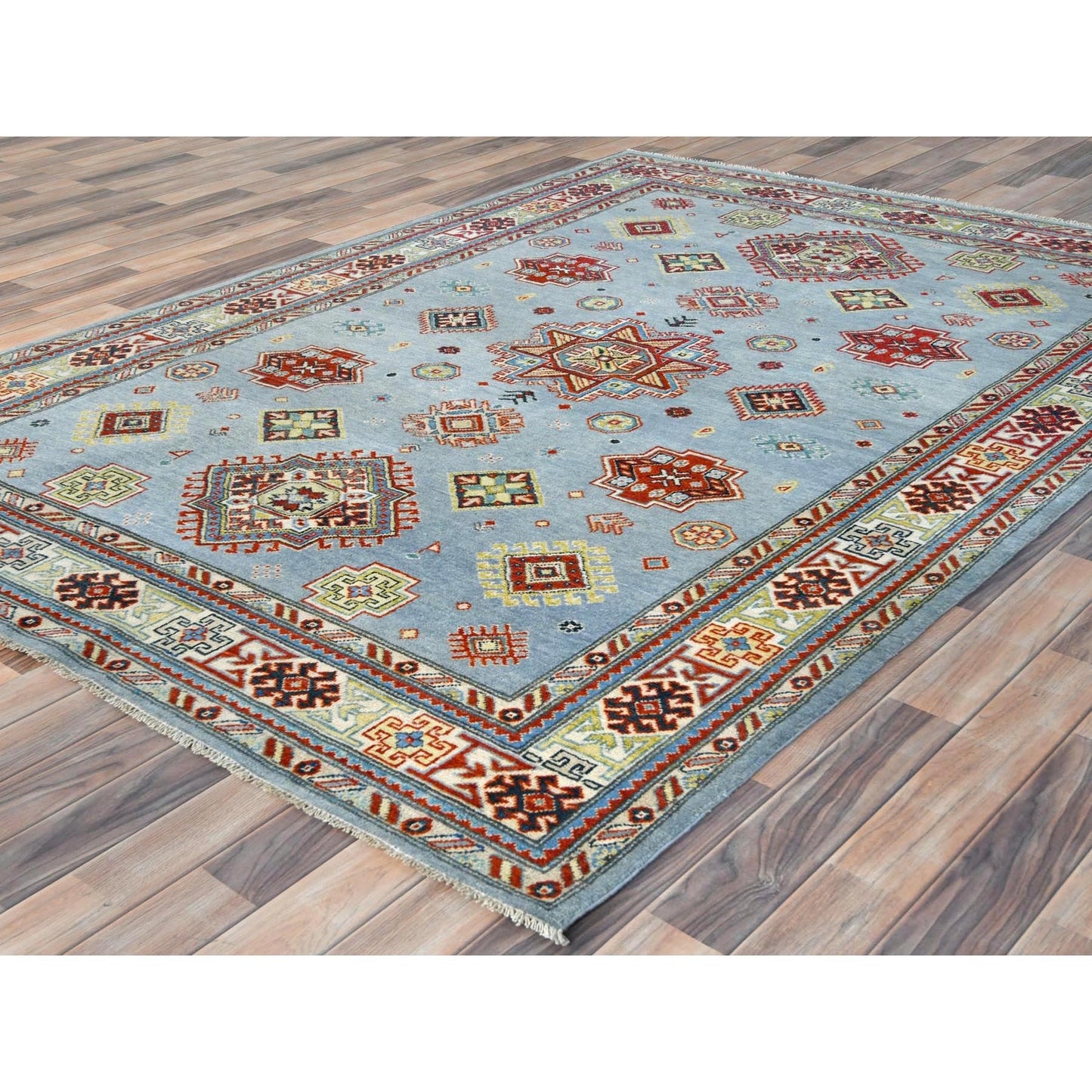 6'1"X8'9" Blue Special Kazak With Geometric Design Wool Hand Knotted Rug