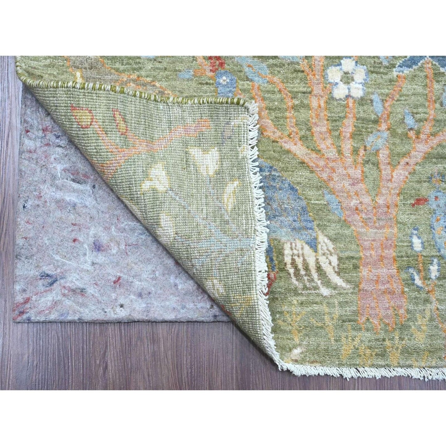2'7"X15'1" Green Soft Wool Peshawar Birds Design Hand Knotted Runner Rug