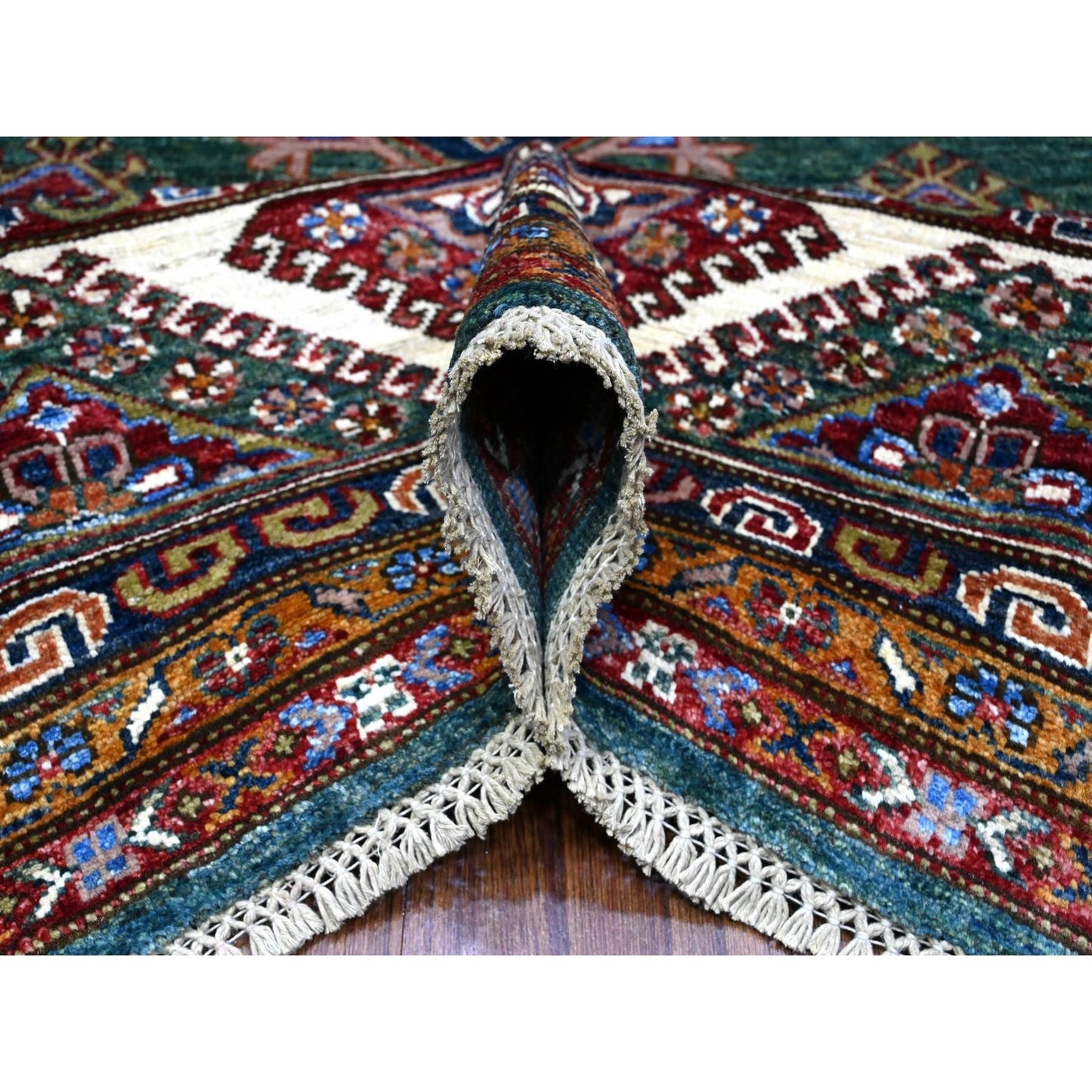 8'3"X10' Green Hand Knotted Super Kazak Tribal Elements Wool Oriental Rug