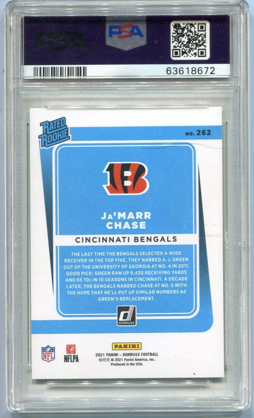 Ja'Marr Chase 2021 Panini Donruss Rated Rookie Press Pass Premium Rc #262 Psa Gr