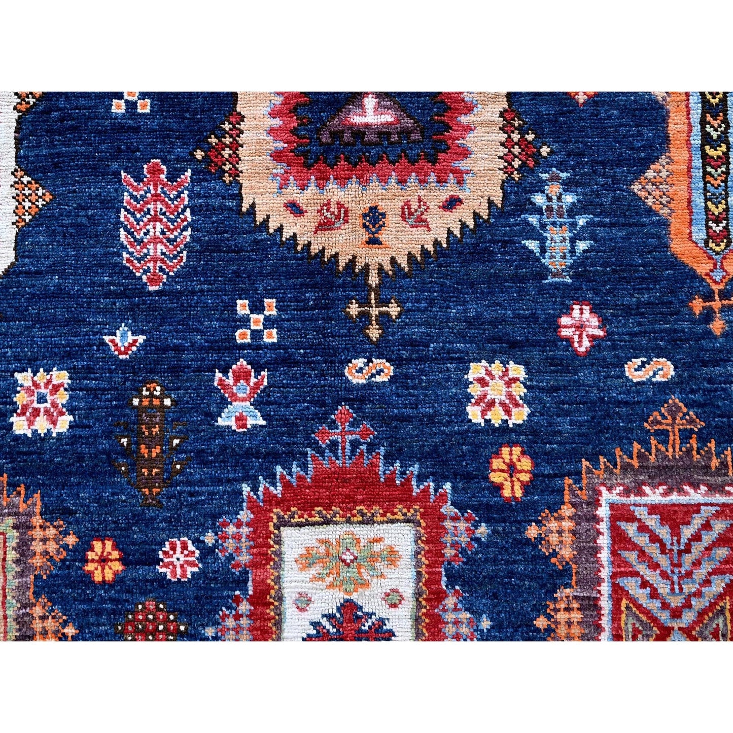 8'5"X9'8" Yale Blue Afghan Caucasian Design Revival Hand Knotted Wool Rug