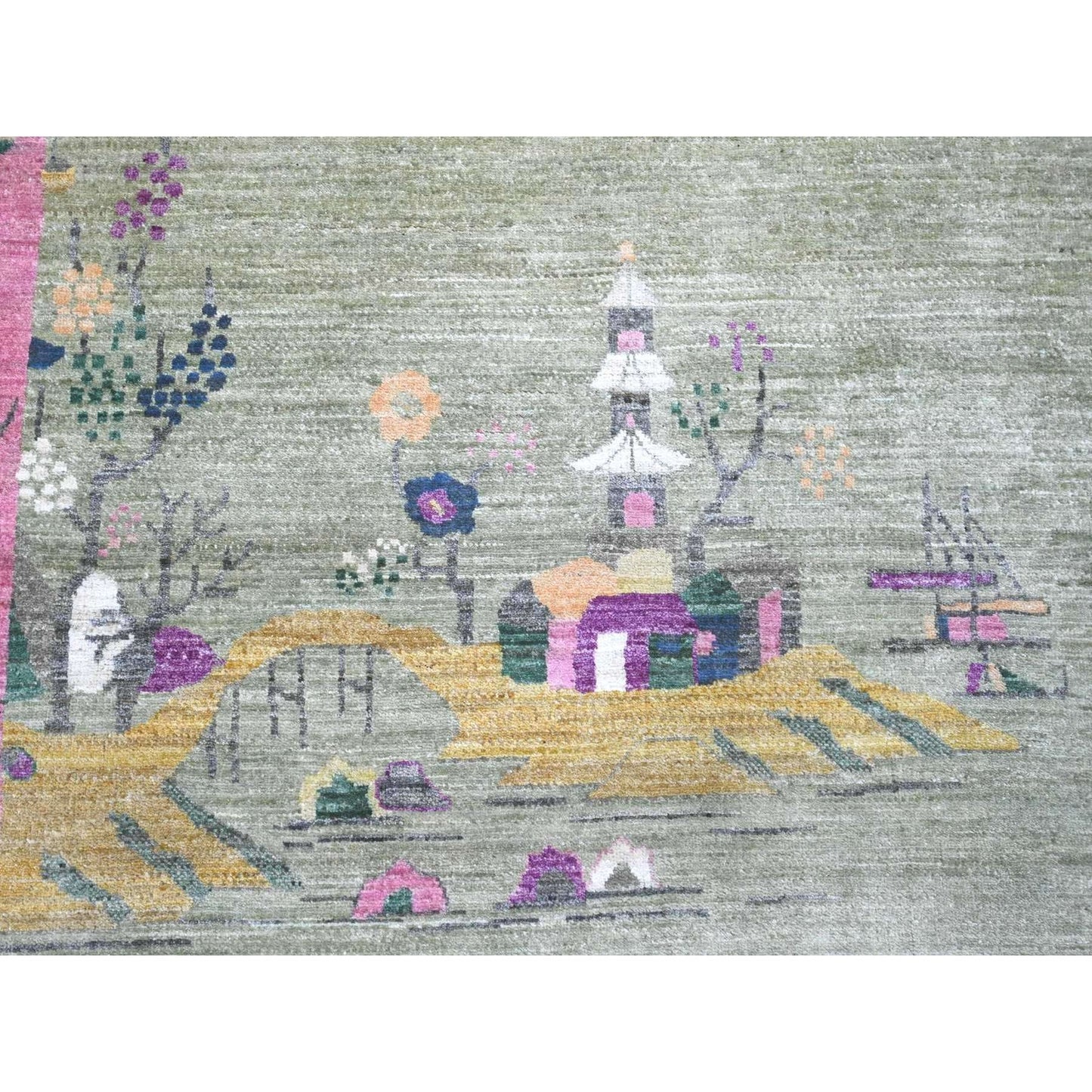 9'X12'3" Green Chinese Art Deco Inspired Peshawar Hand Knotted Wool Rug