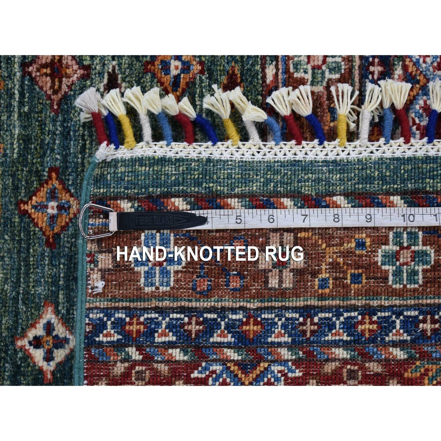 3'6"X5'3"Green Hand Knotted Super Kazak With Khorjin Design Soft Wool Rug