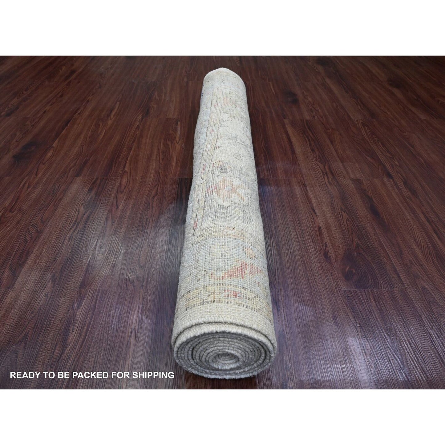 4'X15'10" White Angora Oushak Leaf Design Hand Knotted Wool Runner Rug