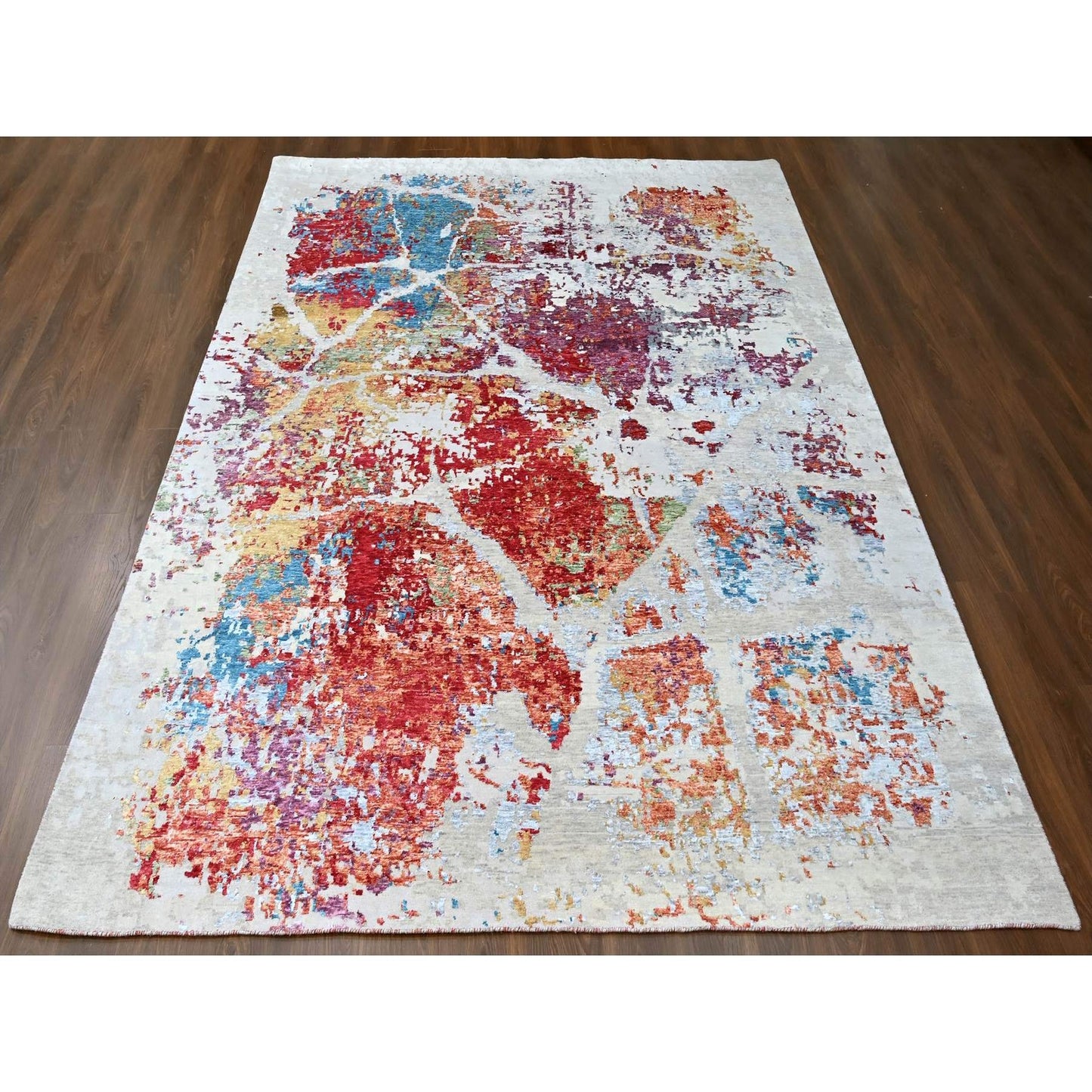 9'1"X12' Ruby Red Abstract Design Wool And Silk Hand Knotted Modern Rug