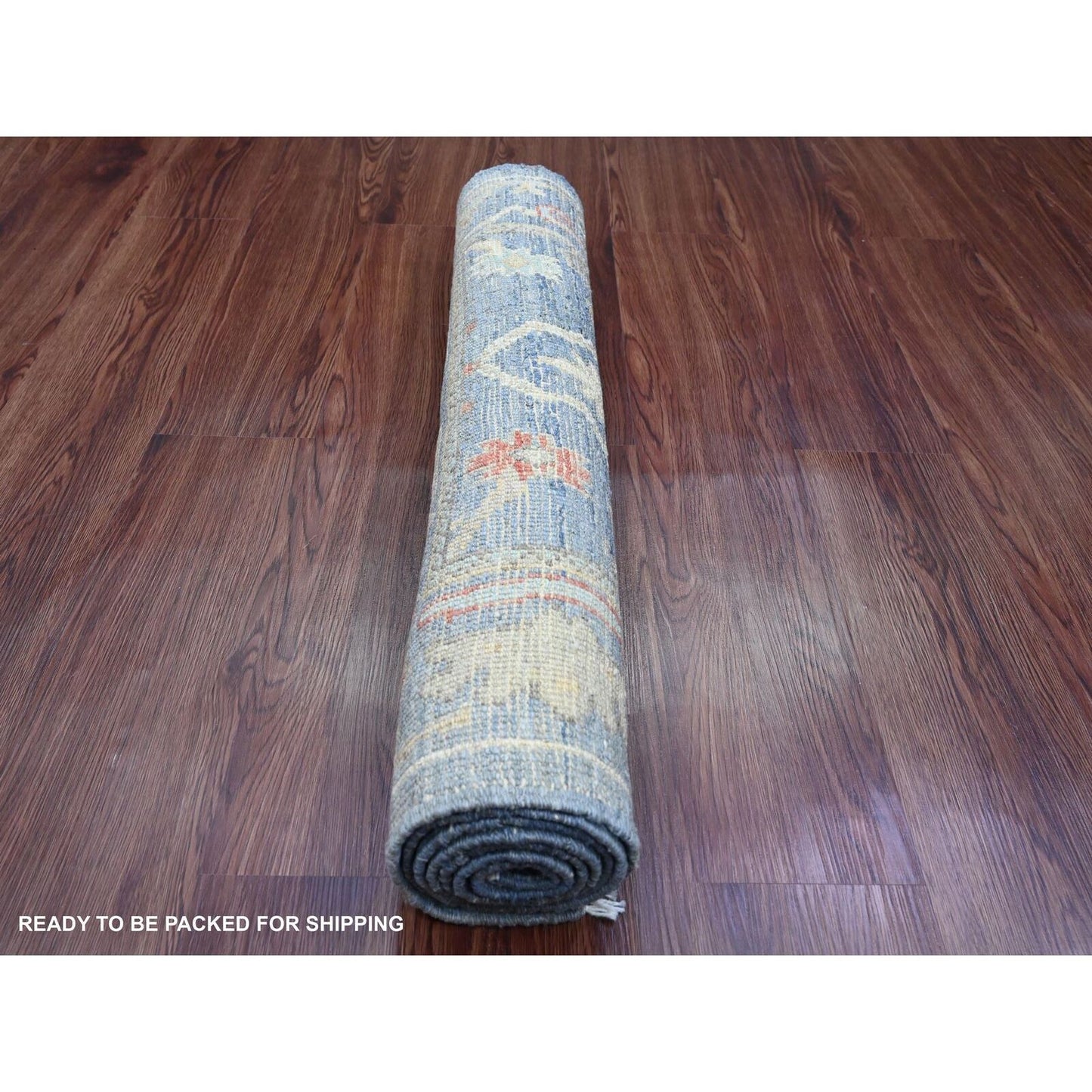 2'9"X6'2" Blue Hand Knotted Afghan Angora Oushak Leaf Design Wool Runner
