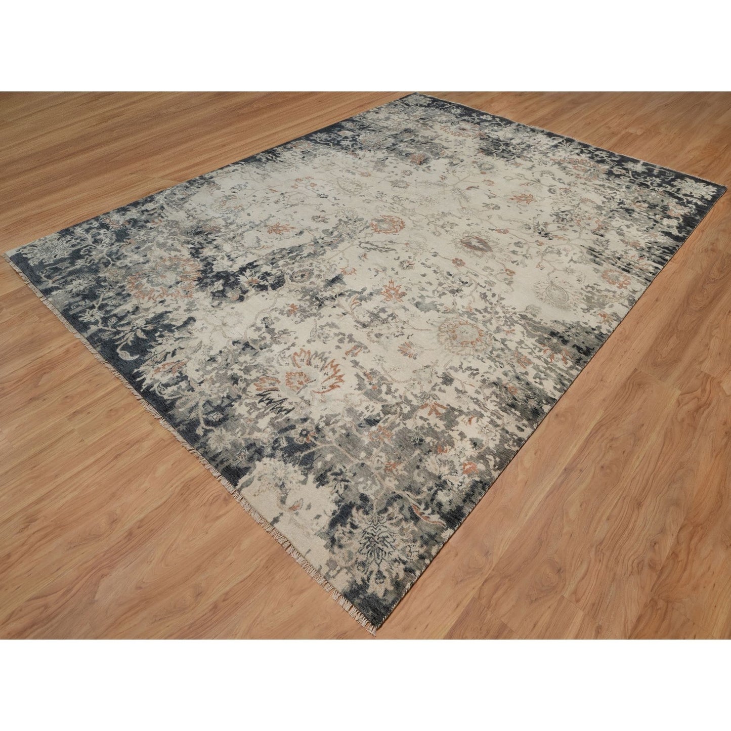 9'X12'2" Ivory Agra Design Botanical Pattern Hand Knotted Pure Wool Rug