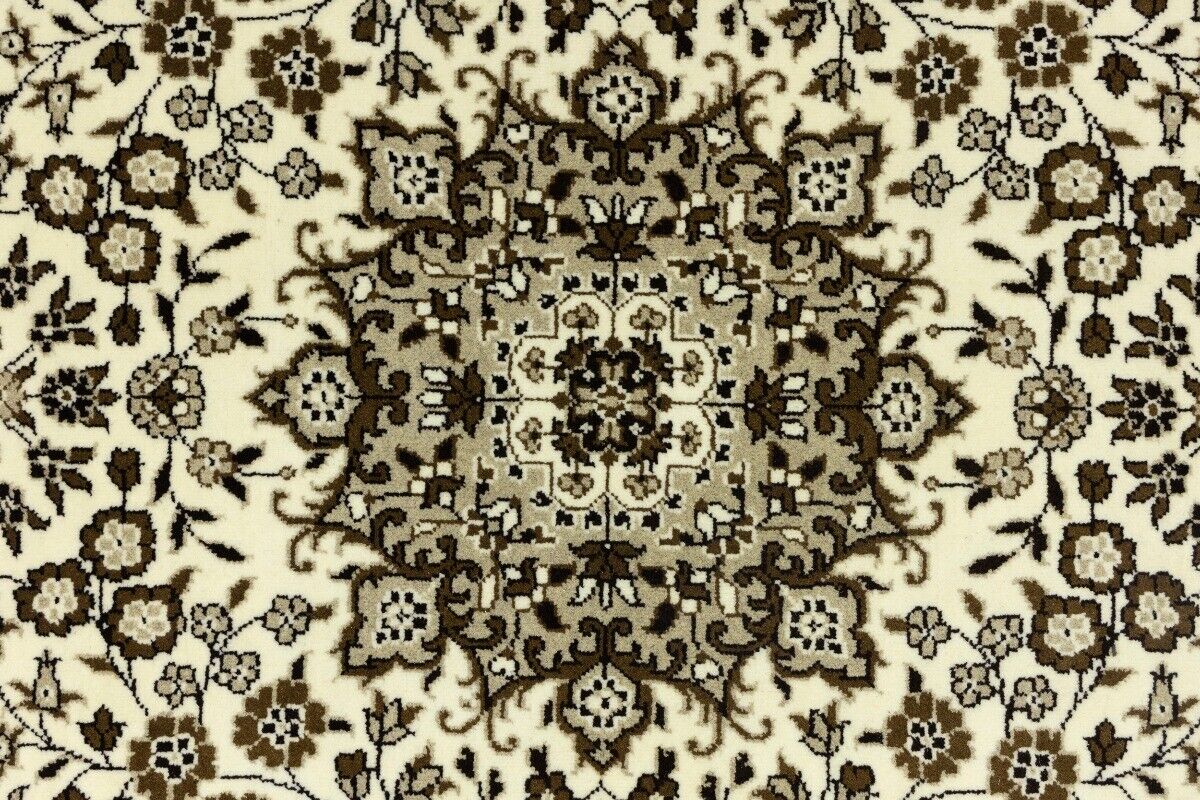 Hand-Knotted Kirman Square Rug Cream Floral Wool