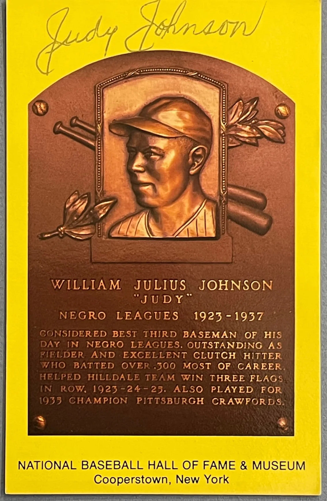 Judy Johnson Autographed Baseball Hall Of Fame Plaque Postcard
