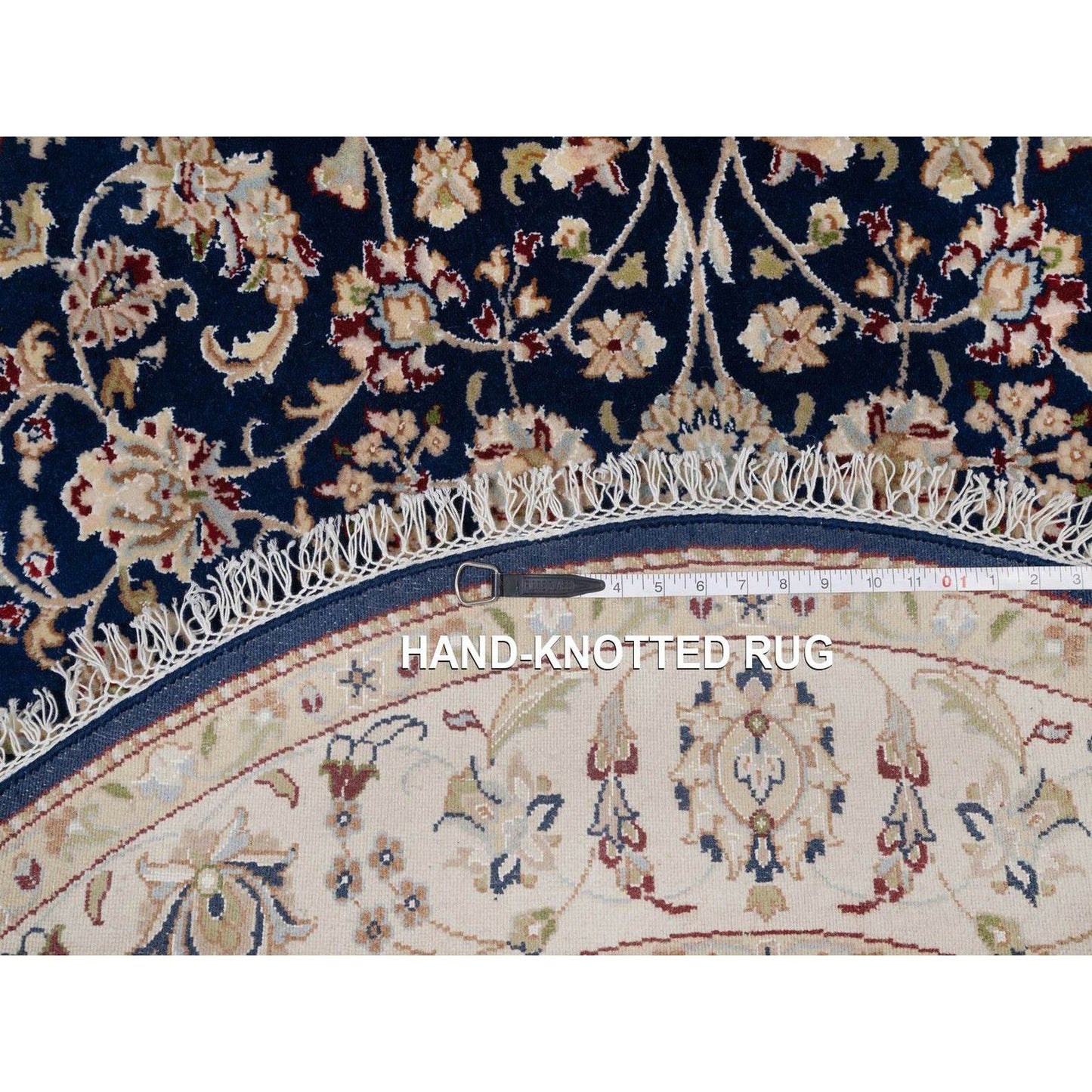 5'X5' Navy Nain With Flower Design Wool And Silk Hand Knotted Round Rug