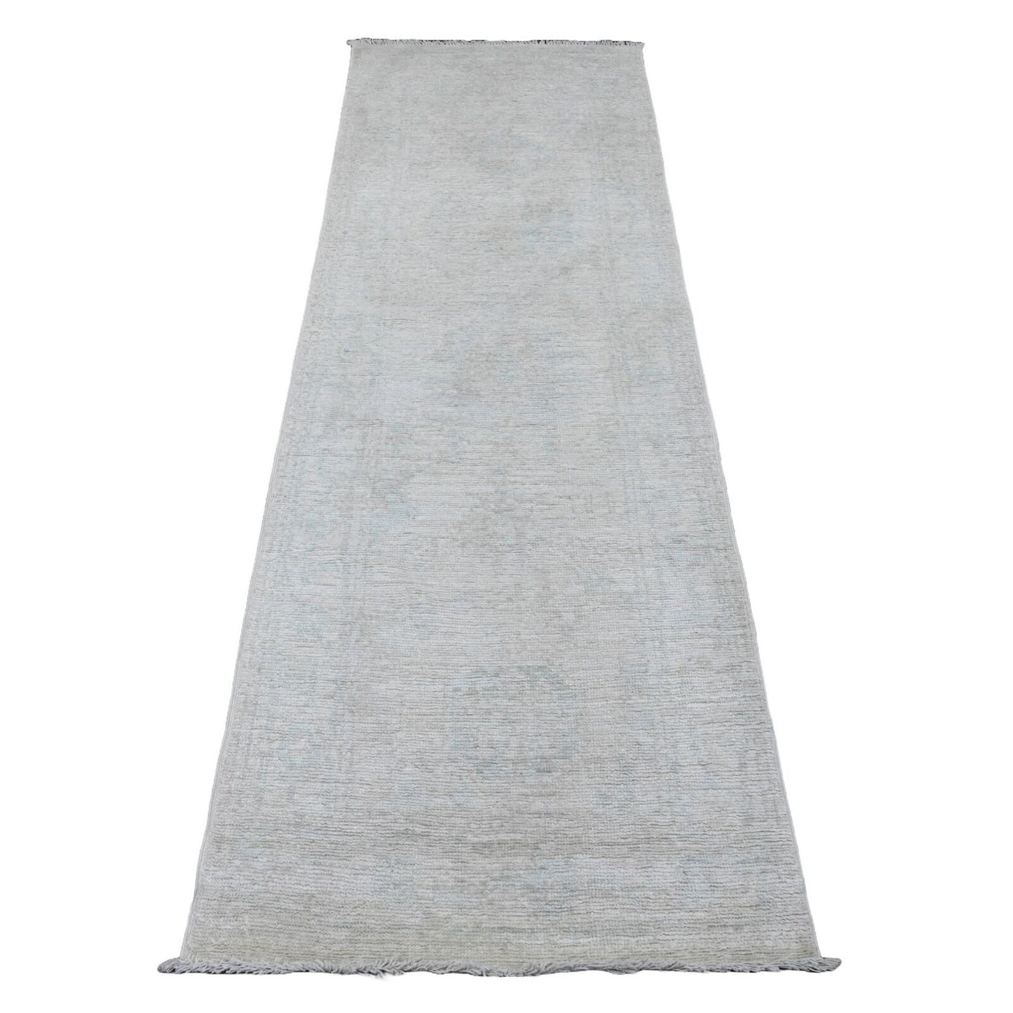 2'7"X7'9" White Afghan Angora Oushak Hand Knotted 100% Wool Runner Rug