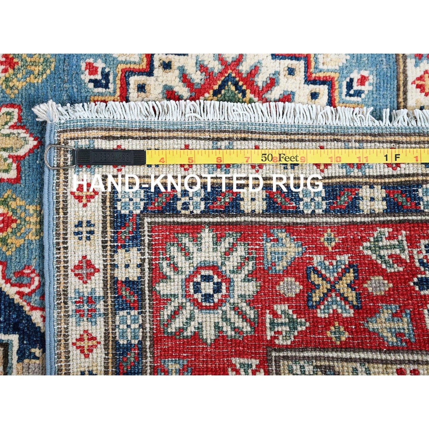 3'10"X6'3" Ruddy Blue Kazak Geometric Design Soft Wool Hand Knotted Rug