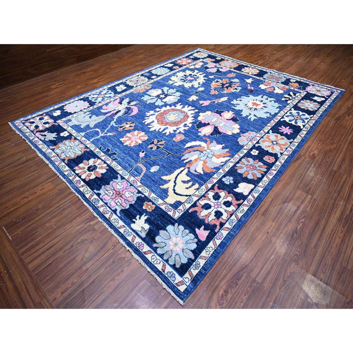 9'X11'7" Sapphire Blue Hand Knotted Afghan Angora Oushak Soft Wool Rug