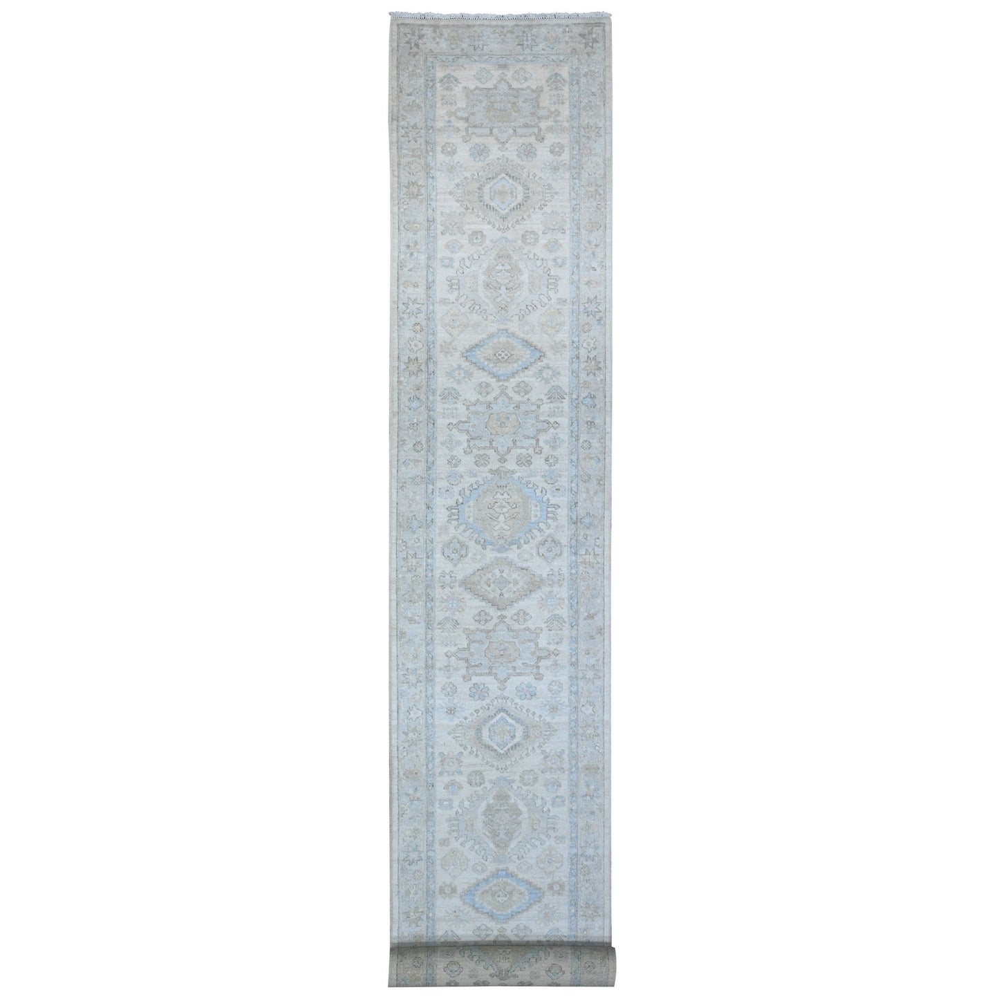 2'8"X19'7" Ivory Hand Knotted White Wash Peshawar All Wool Xl Runner Rug