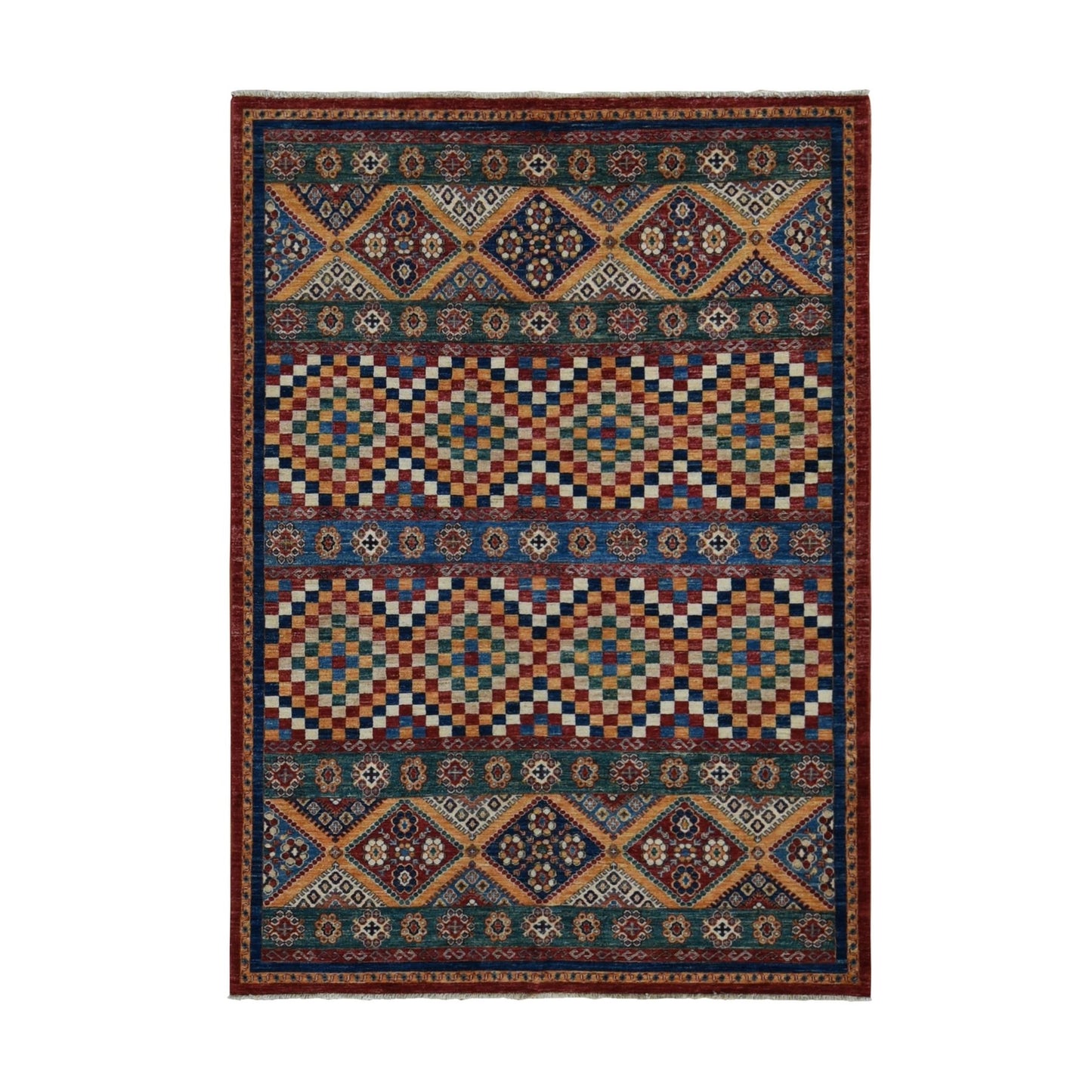 5'7"X8' Green Super Kazak Khorjin Design Hand Knotted Pure Wool Rug