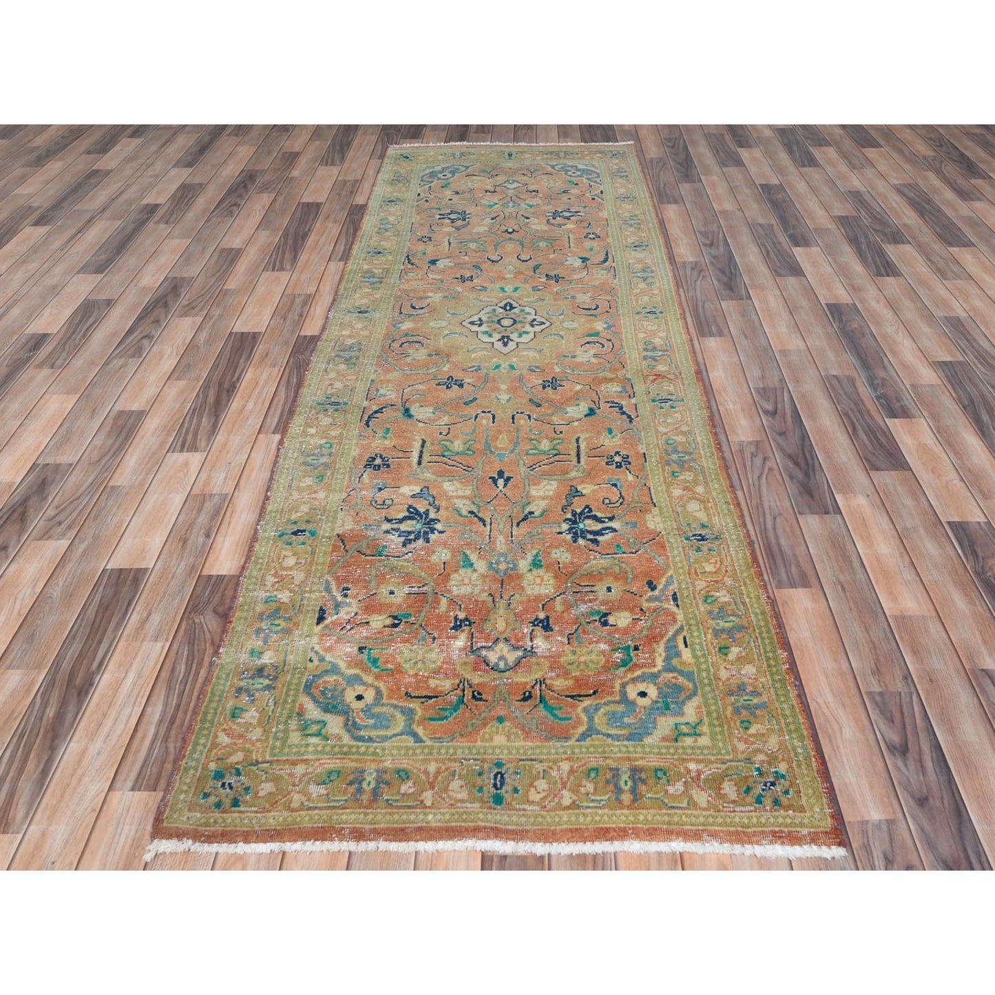 3'5"X10'5" Red Hand Knotted Vintage Farsian Kishoon Worn Wool Runner Rug