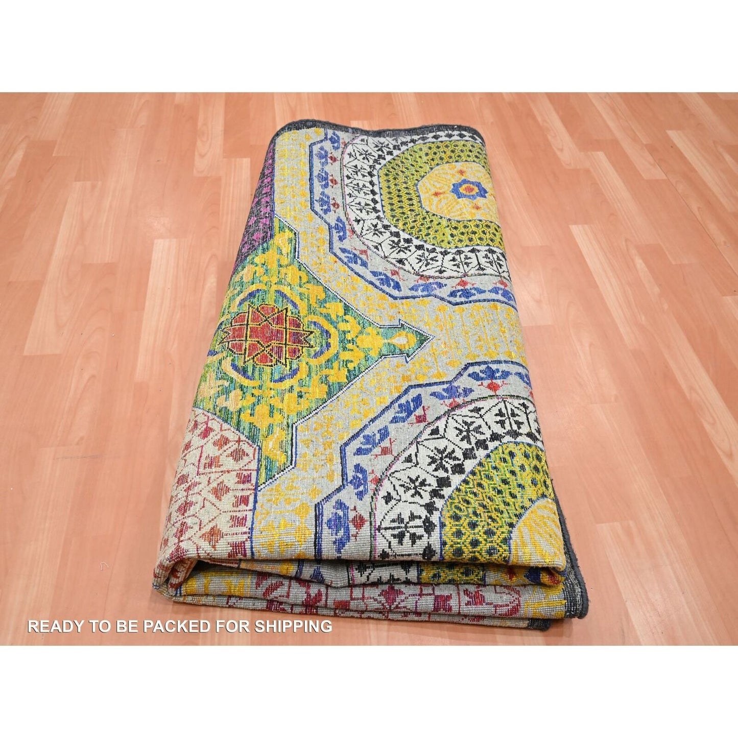 8'1"X8'1" Yellow Mamluk Design Sari Silk With Wool Hand Knotted Round Rug
