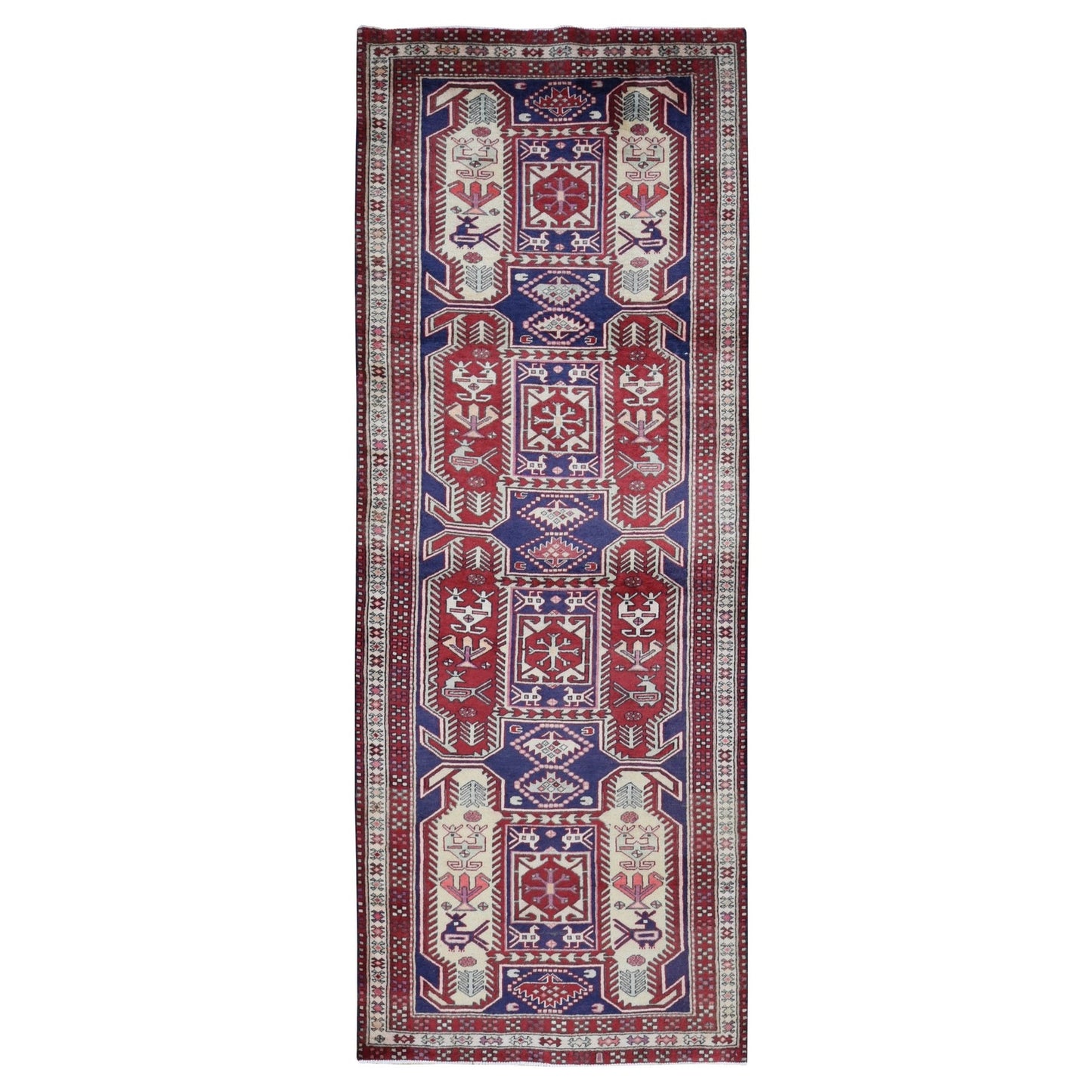 3'8"X10' Blue Vintage Zoroastrian Northeast Wool Hand Knotted Runner Rug