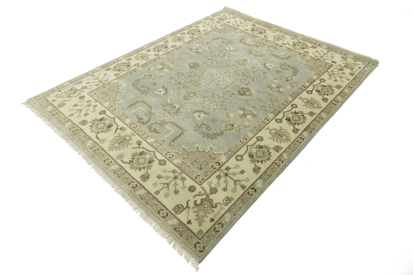 Handmade Oushak Chobi Wool Rug Light Gray Floral