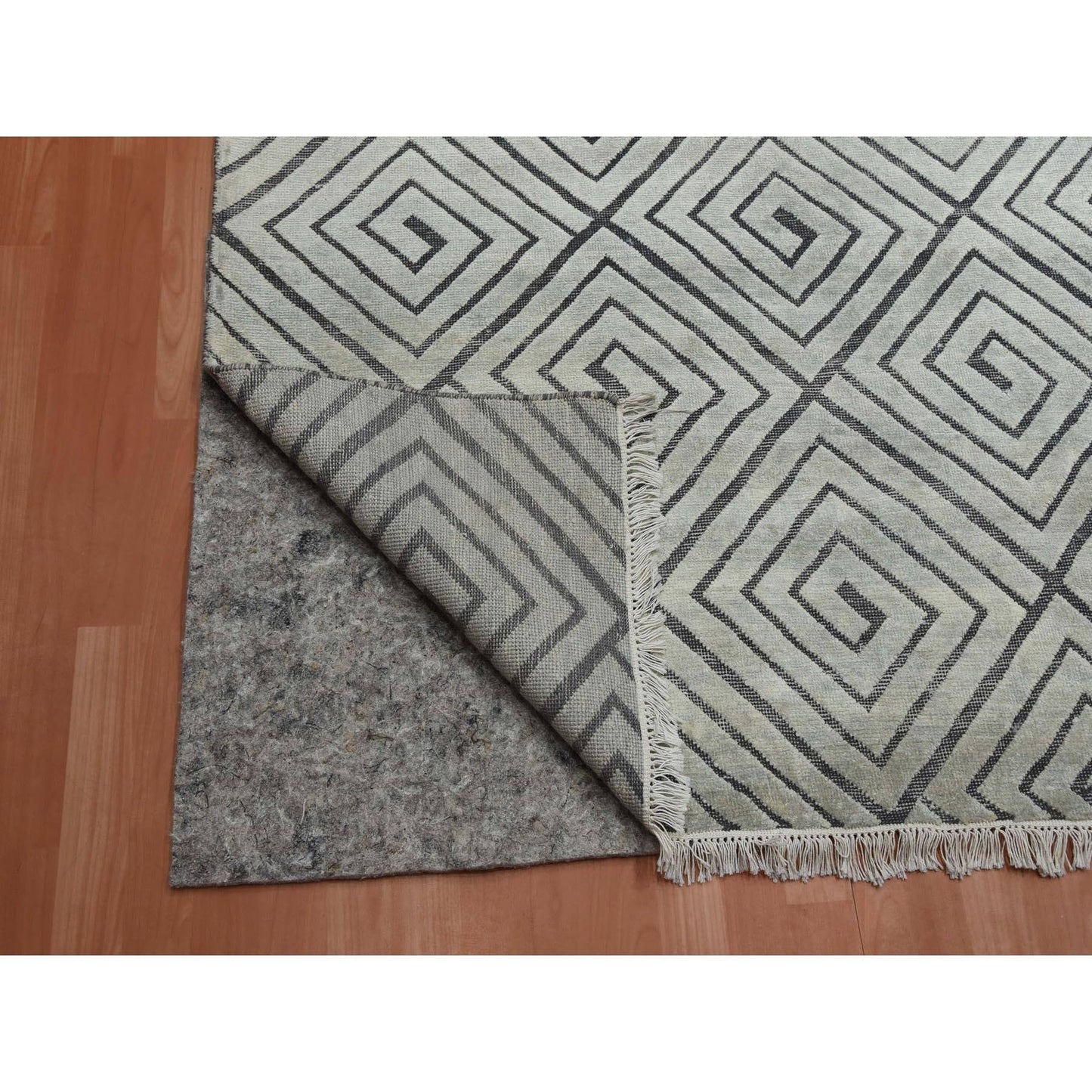 9'X12'1" Ivory Modern Roman Key Design Silk With Wool Hand Knotted Rug