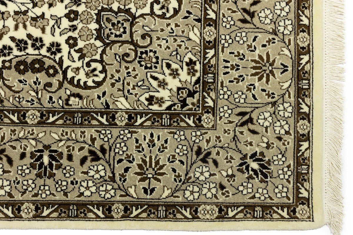 Hand-Knotted Kirman Square Rug Cream Floral Wool