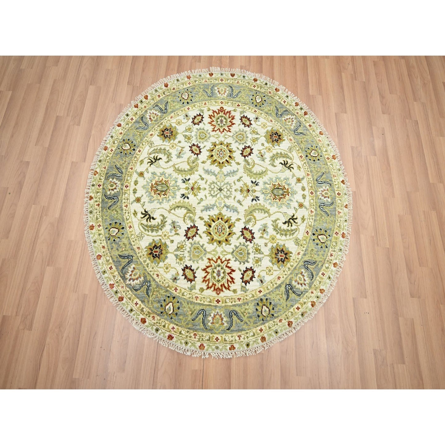4'2"X4'2" White Agra Ziegler Design Pure Wool Hand Knotted Round Rug