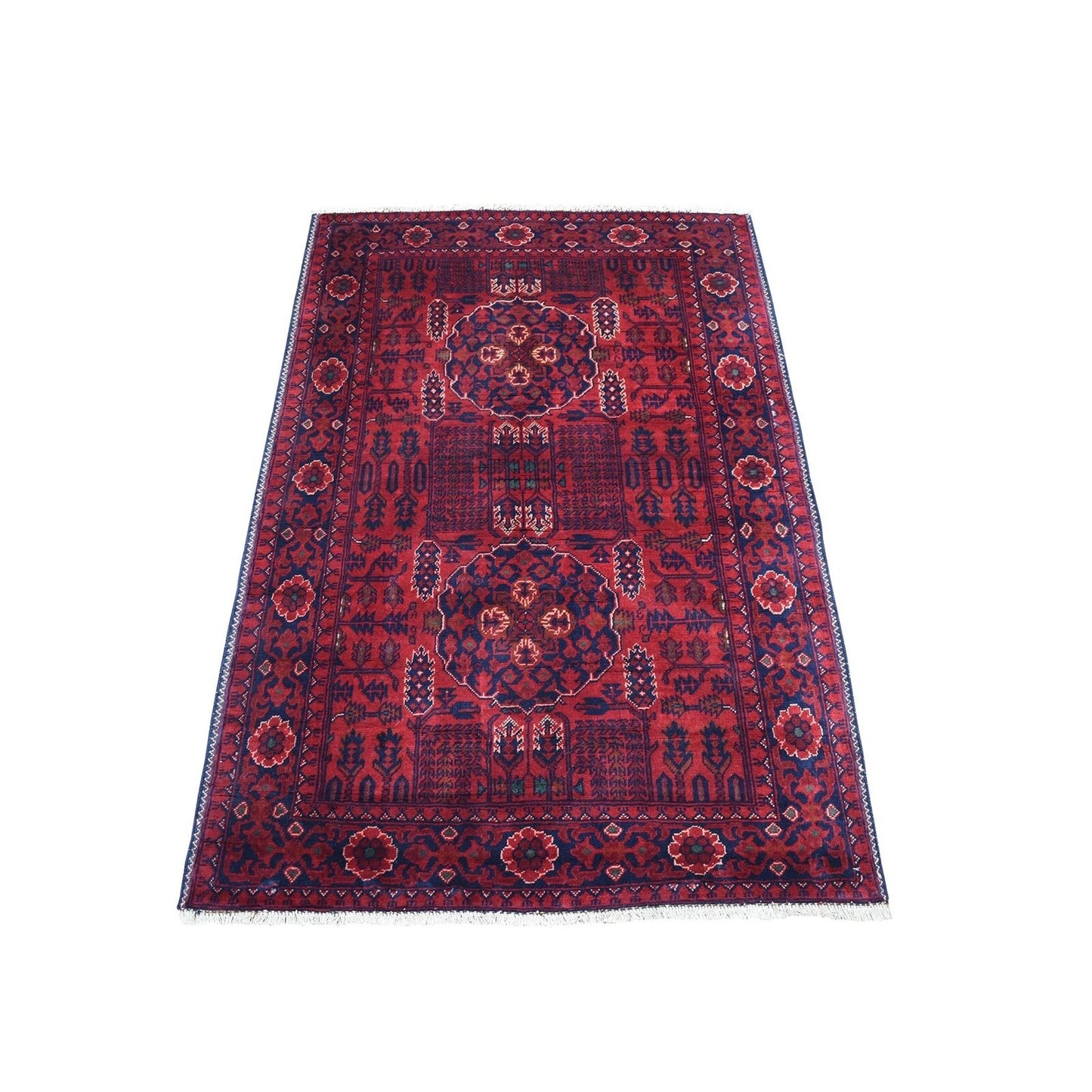 3'3"X4'10" Hand Made Saturated Red Wool Afghan Khamyab Tribal Design Rug