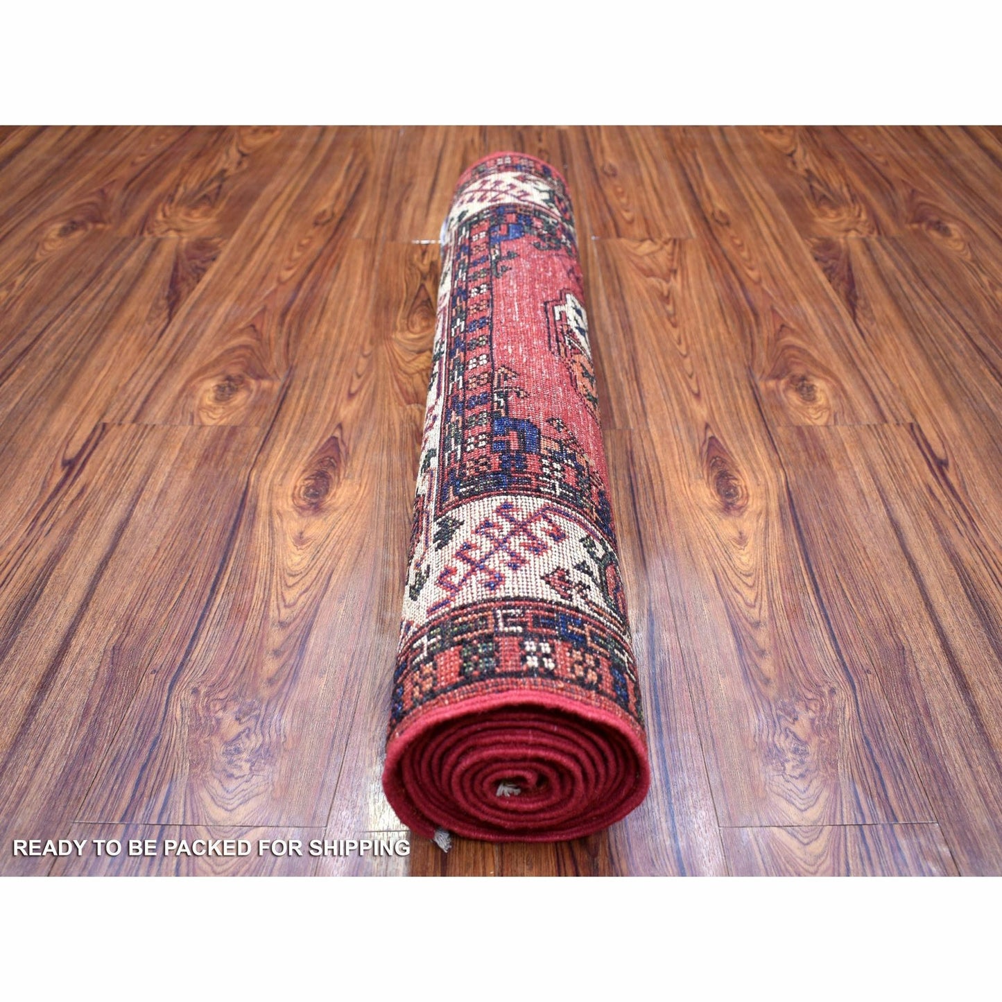 2'9"X9'10" Coral Red Hand Knotted Turkeman Ersari Pure Wool Runner Rug