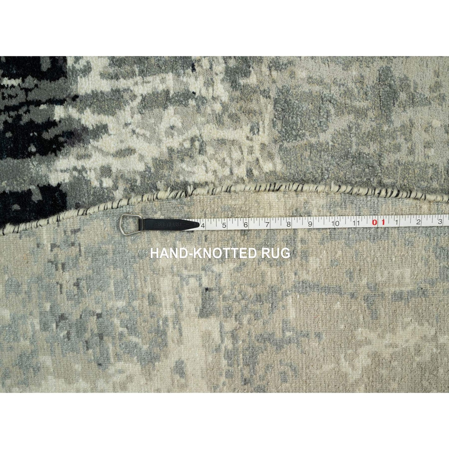 8'X8' Black Hand Knotted Abstract Wool And Silk Round Rug