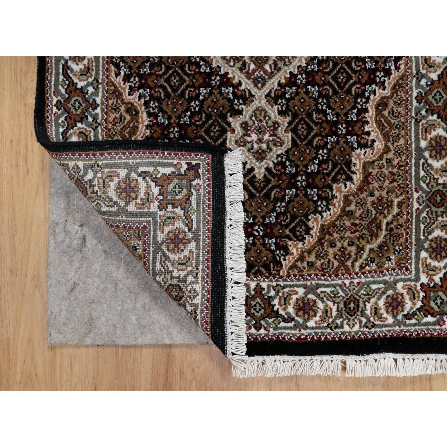 2'7"X6'3" Black Hand Knotted Tebraz Mahi Fish Design Pure Wool Runner Rug