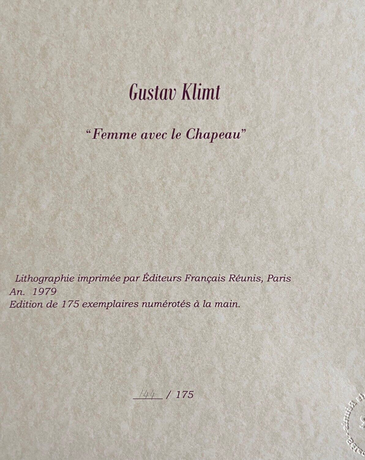 Gustav Klimt Lithograph Certified Signed