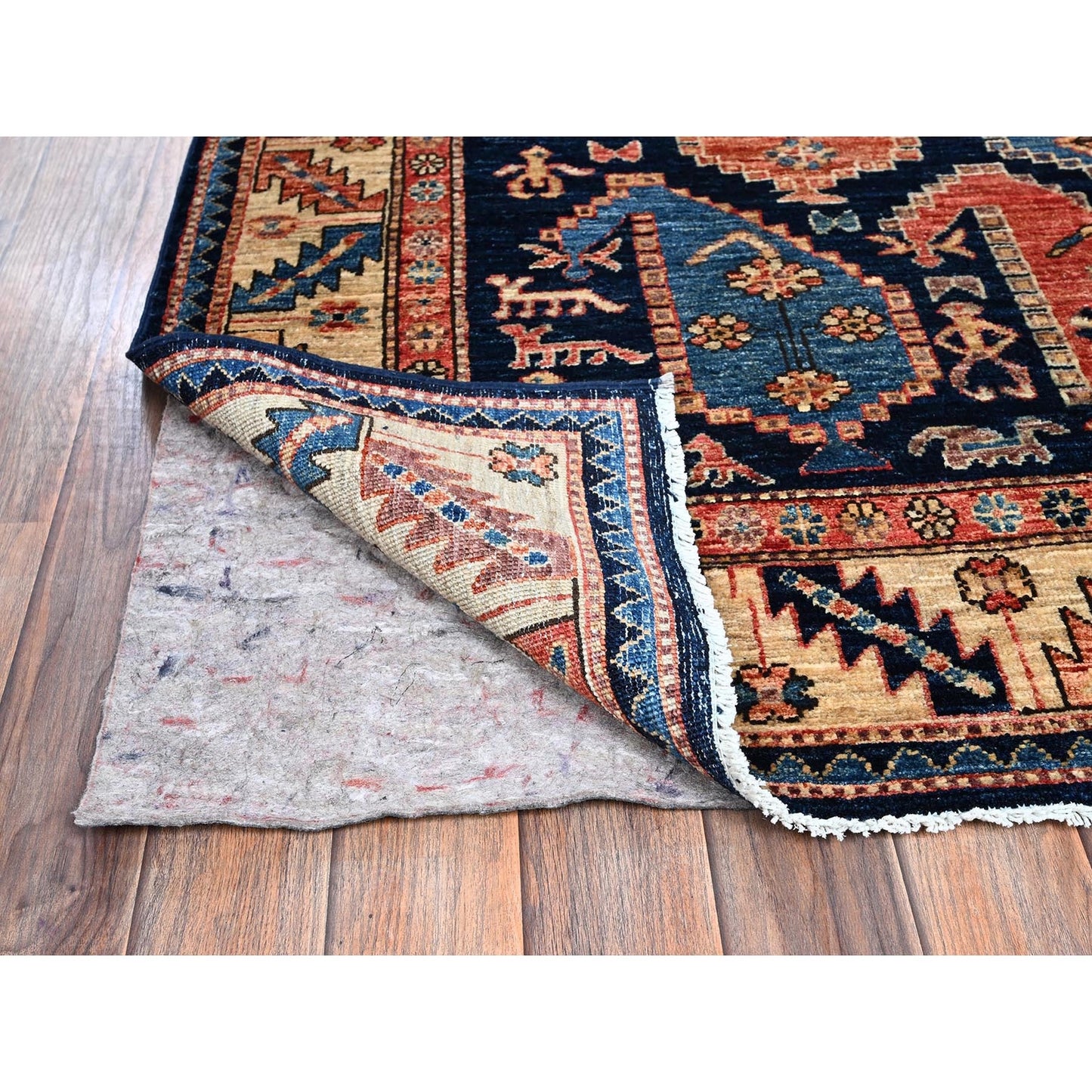 4'X9'9" Midnight Blue Large Paisley Design Wool Hand Knotted Runner Rug